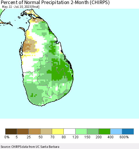 Sri Lanka Percent of Normal Precipitation 2-Month (CHIRPS) Thematic Map For 5/11/2023 - 7/10/2023