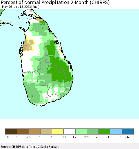 Sri Lanka Percent of Normal Precipitation 2-Month (CHIRPS) Thematic Map For 5/16/2023 - 7/15/2023
