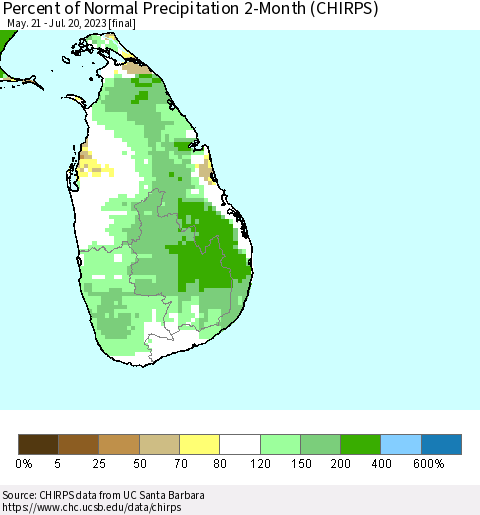 Sri Lanka Percent of Normal Precipitation 2-Month (CHIRPS) Thematic Map For 5/21/2023 - 7/20/2023