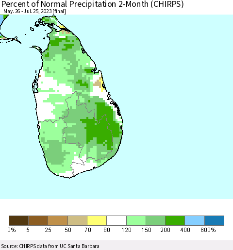 Sri Lanka Percent of Normal Precipitation 2-Month (CHIRPS) Thematic Map For 5/26/2023 - 7/25/2023