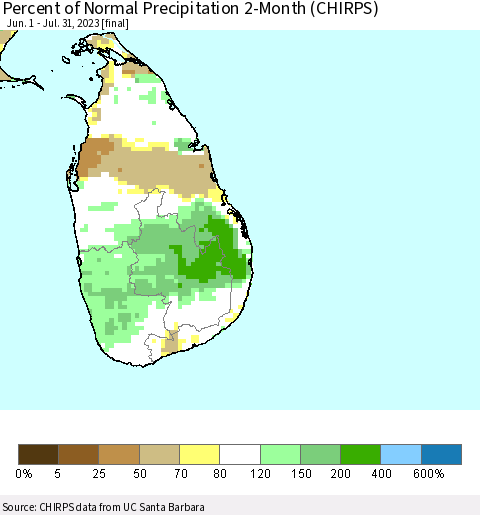 Sri Lanka Percent of Normal Precipitation 2-Month (CHIRPS) Thematic Map For 6/1/2023 - 7/31/2023