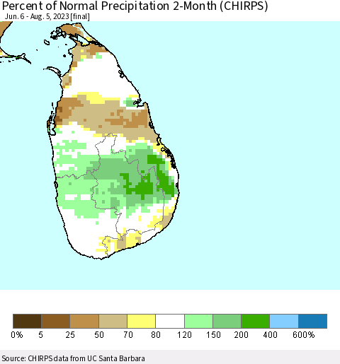 Sri Lanka Percent of Normal Precipitation 2-Month (CHIRPS) Thematic Map For 6/6/2023 - 8/5/2023