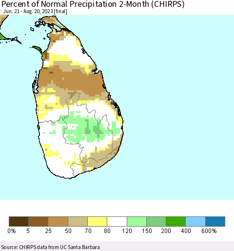 Sri Lanka Percent of Normal Precipitation 2-Month (CHIRPS) Thematic Map For 6/21/2023 - 8/20/2023