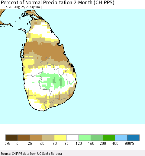 Sri Lanka Percent of Normal Precipitation 2-Month (CHIRPS) Thematic Map For 6/26/2023 - 8/25/2023