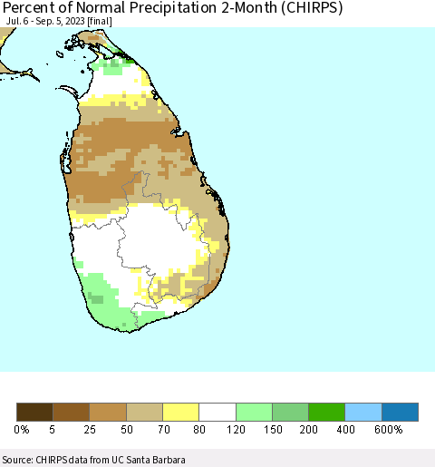 Sri Lanka Percent of Normal Precipitation 2-Month (CHIRPS) Thematic Map For 7/6/2023 - 9/5/2023