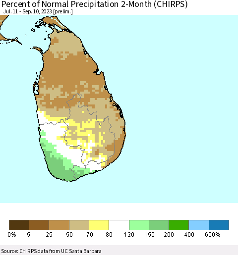 Sri Lanka Percent of Normal Precipitation 2-Month (CHIRPS) Thematic Map For 7/11/2023 - 9/10/2023