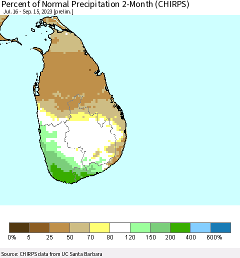 Sri Lanka Percent of Normal Precipitation 2-Month (CHIRPS) Thematic Map For 7/16/2023 - 9/15/2023