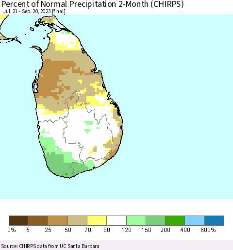 Sri Lanka Percent of Normal Precipitation 2-Month (CHIRPS) Thematic Map For 7/21/2023 - 9/20/2023