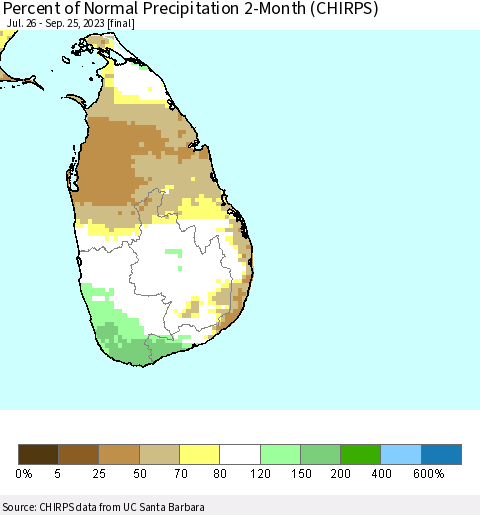 Sri Lanka Percent of Normal Precipitation 2-Month (CHIRPS) Thematic Map For 7/26/2023 - 9/25/2023