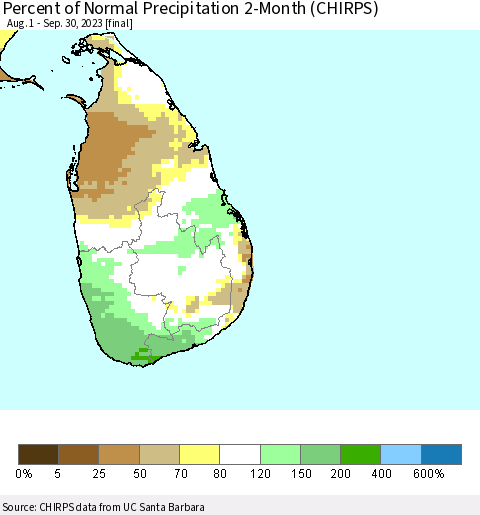 Sri Lanka Percent of Normal Precipitation 2-Month (CHIRPS) Thematic Map For 8/1/2023 - 9/30/2023