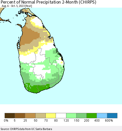 Sri Lanka Percent of Normal Precipitation 2-Month (CHIRPS) Thematic Map For 8/6/2023 - 10/5/2023