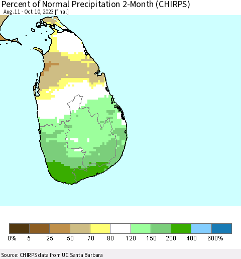 Sri Lanka Percent of Normal Precipitation 2-Month (CHIRPS) Thematic Map For 8/11/2023 - 10/10/2023