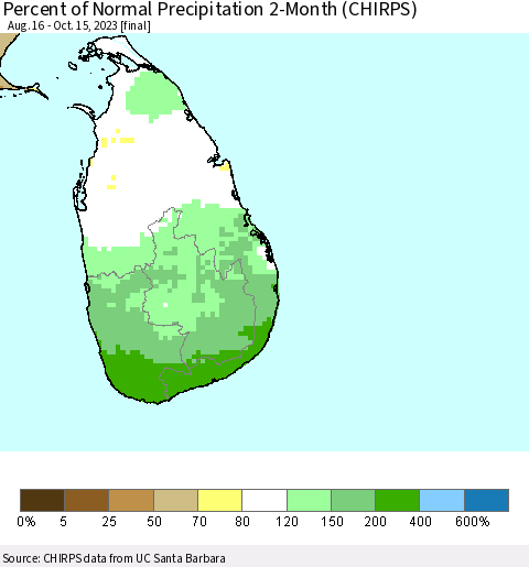 Sri Lanka Percent of Normal Precipitation 2-Month (CHIRPS) Thematic Map For 8/16/2023 - 10/15/2023
