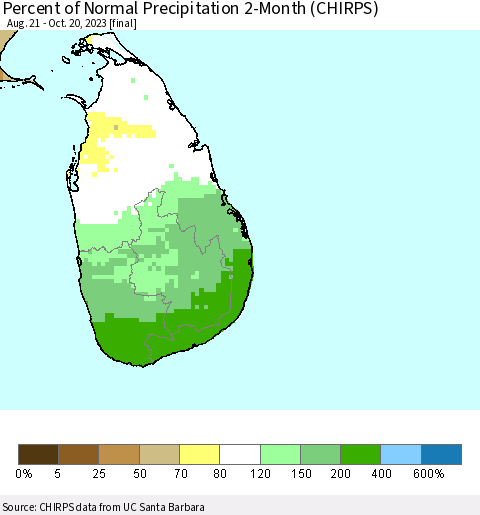 Sri Lanka Percent of Normal Precipitation 2-Month (CHIRPS) Thematic Map For 8/21/2023 - 10/20/2023