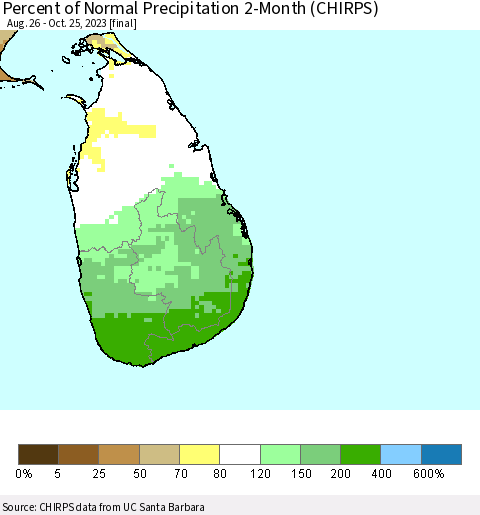 Sri Lanka Percent of Normal Precipitation 2-Month (CHIRPS) Thematic Map For 8/26/2023 - 10/25/2023