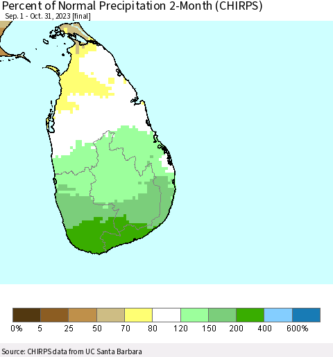 Sri Lanka Percent of Normal Precipitation 2-Month (CHIRPS) Thematic Map For 9/1/2023 - 10/31/2023
