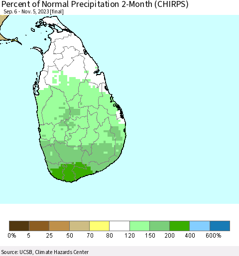 Sri Lanka Percent of Normal Precipitation 2-Month (CHIRPS) Thematic Map For 9/6/2023 - 11/5/2023