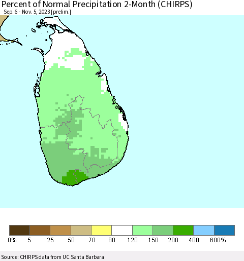 Sri Lanka Percent of Normal Precipitation 2-Month (CHIRPS) Thematic Map For 9/6/2023 - 11/5/2023