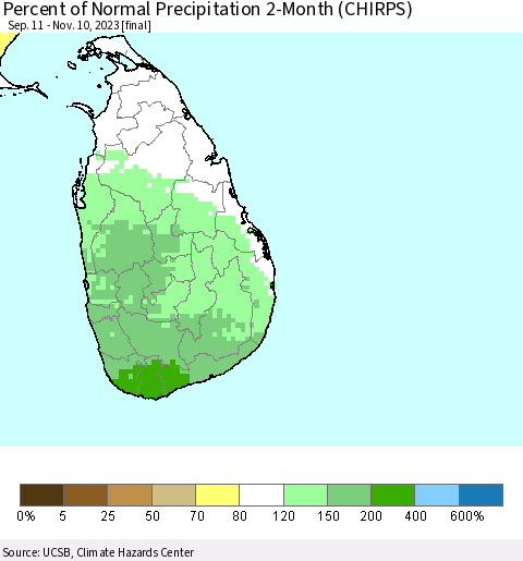 Sri Lanka Percent of Normal Precipitation 2-Month (CHIRPS) Thematic Map For 9/11/2023 - 11/10/2023