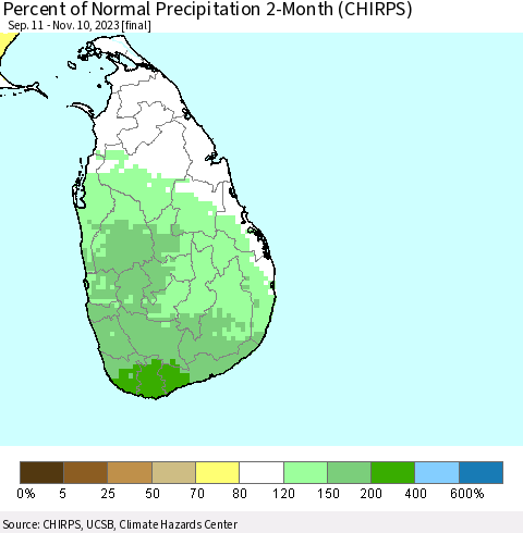 Sri Lanka Percent of Normal Precipitation 2-Month (CHIRPS) Thematic Map For 9/11/2023 - 11/10/2023