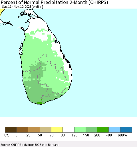Sri Lanka Percent of Normal Precipitation 2-Month (CHIRPS) Thematic Map For 9/11/2023 - 11/10/2023