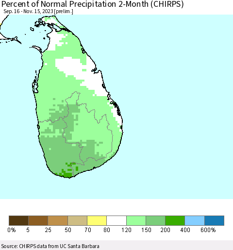 Sri Lanka Percent of Normal Precipitation 2-Month (CHIRPS) Thematic Map For 9/16/2023 - 11/15/2023