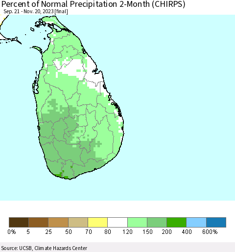 Sri Lanka Percent of Normal Precipitation 2-Month (CHIRPS) Thematic Map For 9/21/2023 - 11/20/2023