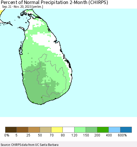 Sri Lanka Percent of Normal Precipitation 2-Month (CHIRPS) Thematic Map For 9/21/2023 - 11/20/2023