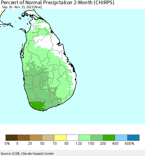 Sri Lanka Percent of Normal Precipitation 2-Month (CHIRPS) Thematic Map For 9/26/2023 - 11/25/2023