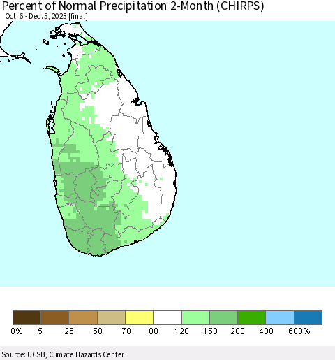 Sri Lanka Percent of Normal Precipitation 2-Month (CHIRPS) Thematic Map For 10/6/2023 - 12/5/2023