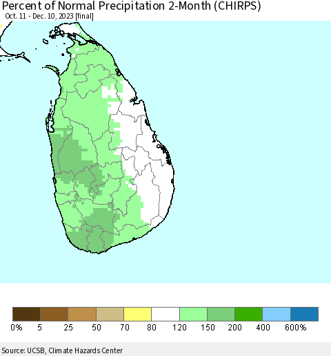 Sri Lanka Percent of Normal Precipitation 2-Month (CHIRPS) Thematic Map For 10/11/2023 - 12/10/2023