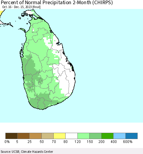Sri Lanka Percent of Normal Precipitation 2-Month (CHIRPS) Thematic Map For 10/16/2023 - 12/15/2023