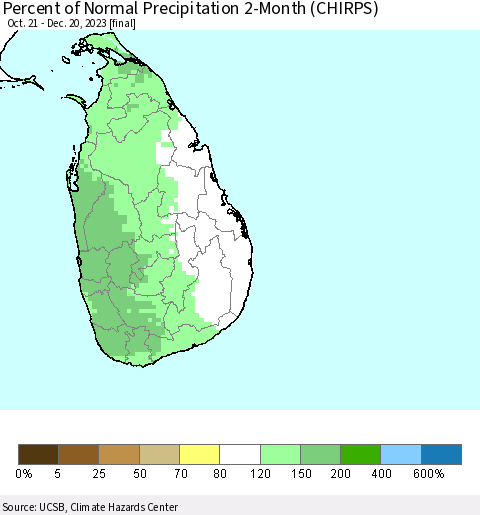 Sri Lanka Percent of Normal Precipitation 2-Month (CHIRPS) Thematic Map For 10/21/2023 - 12/20/2023