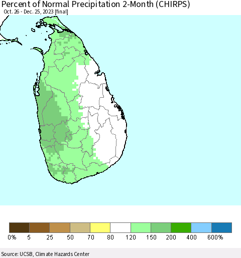 Sri Lanka Percent of Normal Precipitation 2-Month (CHIRPS) Thematic Map For 10/26/2023 - 12/25/2023