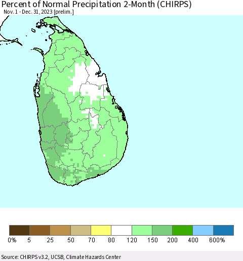 Sri Lanka Percent of Normal Precipitation 2-Month (CHIRPS) Thematic Map For 11/1/2023 - 12/31/2023