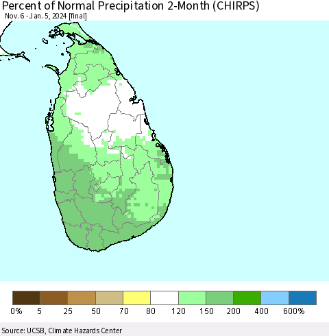 Sri Lanka Percent of Normal Precipitation 2-Month (CHIRPS) Thematic Map For 11/6/2023 - 1/5/2024
