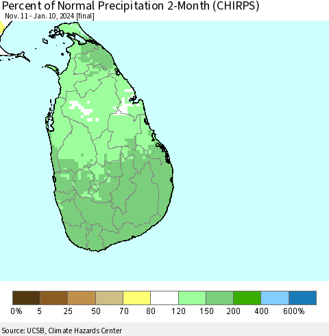 Sri Lanka Percent of Normal Precipitation 2-Month (CHIRPS) Thematic Map For 11/11/2023 - 1/10/2024