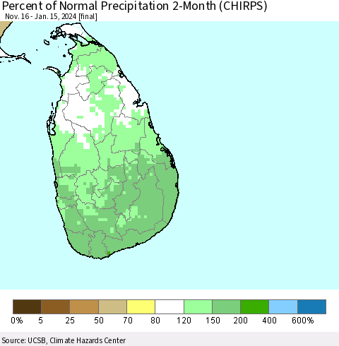 Sri Lanka Percent of Normal Precipitation 2-Month (CHIRPS) Thematic Map For 11/16/2023 - 1/15/2024