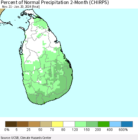 Sri Lanka Percent of Normal Precipitation 2-Month (CHIRPS) Thematic Map For 11/21/2023 - 1/20/2024