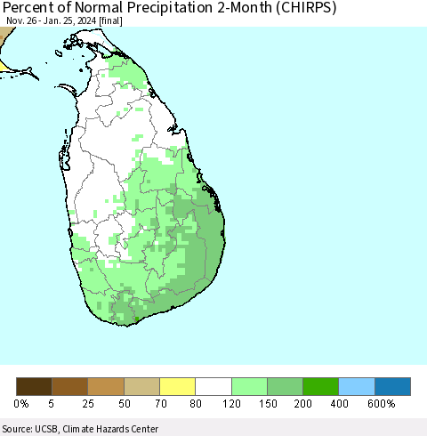 Sri Lanka Percent of Normal Precipitation 2-Month (CHIRPS) Thematic Map For 11/26/2023 - 1/25/2024