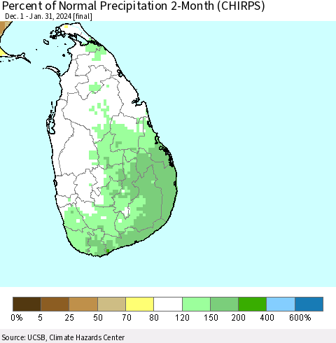 Sri Lanka Percent of Normal Precipitation 2-Month (CHIRPS) Thematic Map For 12/1/2023 - 1/31/2024