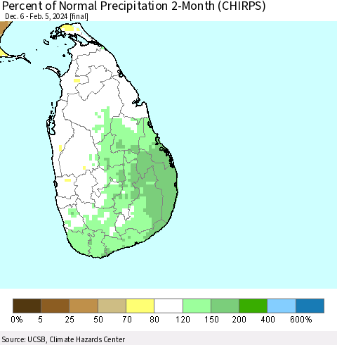 Sri Lanka Percent of Normal Precipitation 2-Month (CHIRPS) Thematic Map For 12/6/2023 - 2/5/2024
