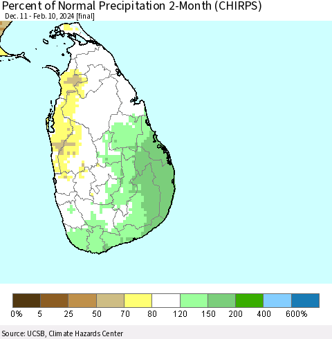 Sri Lanka Percent of Normal Precipitation 2-Month (CHIRPS) Thematic Map For 12/11/2023 - 2/10/2024