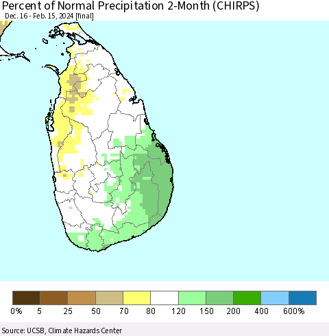 Sri Lanka Percent of Normal Precipitation 2-Month (CHIRPS) Thematic Map For 12/16/2023 - 2/15/2024