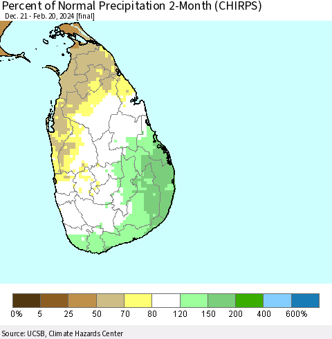 Sri Lanka Percent of Normal Precipitation 2-Month (CHIRPS) Thematic Map For 12/21/2023 - 2/20/2024