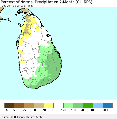 Sri Lanka Percent of Normal Precipitation 2-Month (CHIRPS) Thematic Map For 12/26/2023 - 2/25/2024