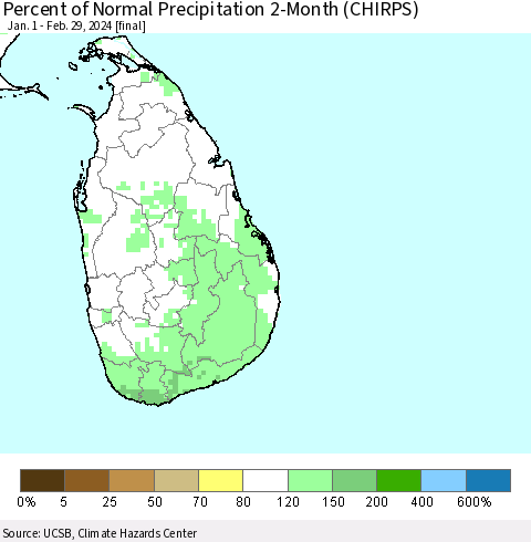 Sri Lanka Percent of Normal Precipitation 2-Month (CHIRPS) Thematic Map For 1/1/2024 - 2/29/2024