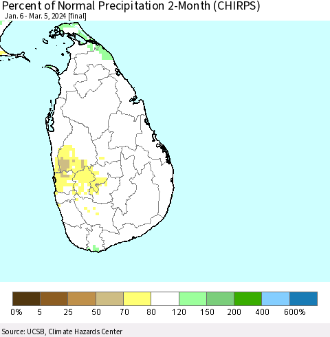 Sri Lanka Percent of Normal Precipitation 2-Month (CHIRPS) Thematic Map For 1/6/2024 - 3/5/2024