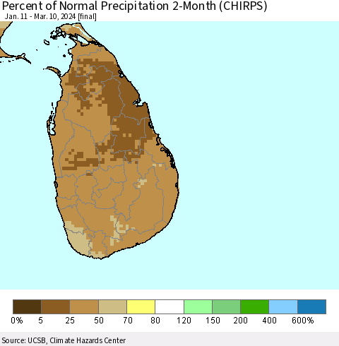 Sri Lanka Percent of Normal Precipitation 2-Month (CHIRPS) Thematic Map For 1/11/2024 - 3/10/2024