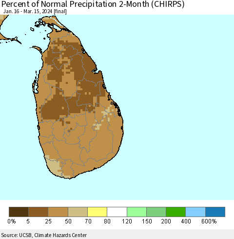 Sri Lanka Percent of Normal Precipitation 2-Month (CHIRPS) Thematic Map For 1/16/2024 - 3/15/2024